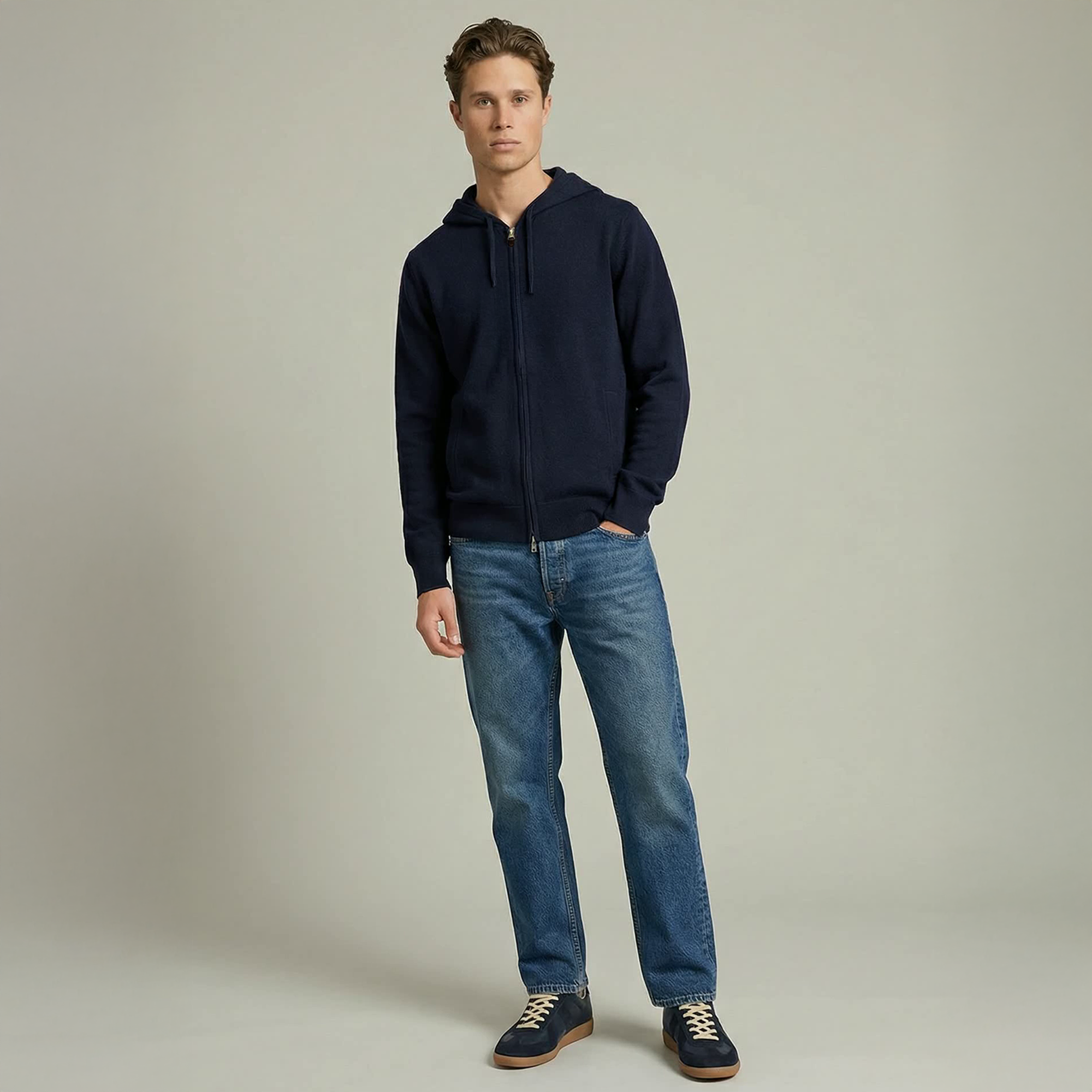 Marinblå Kashmir Zip Hoodie
