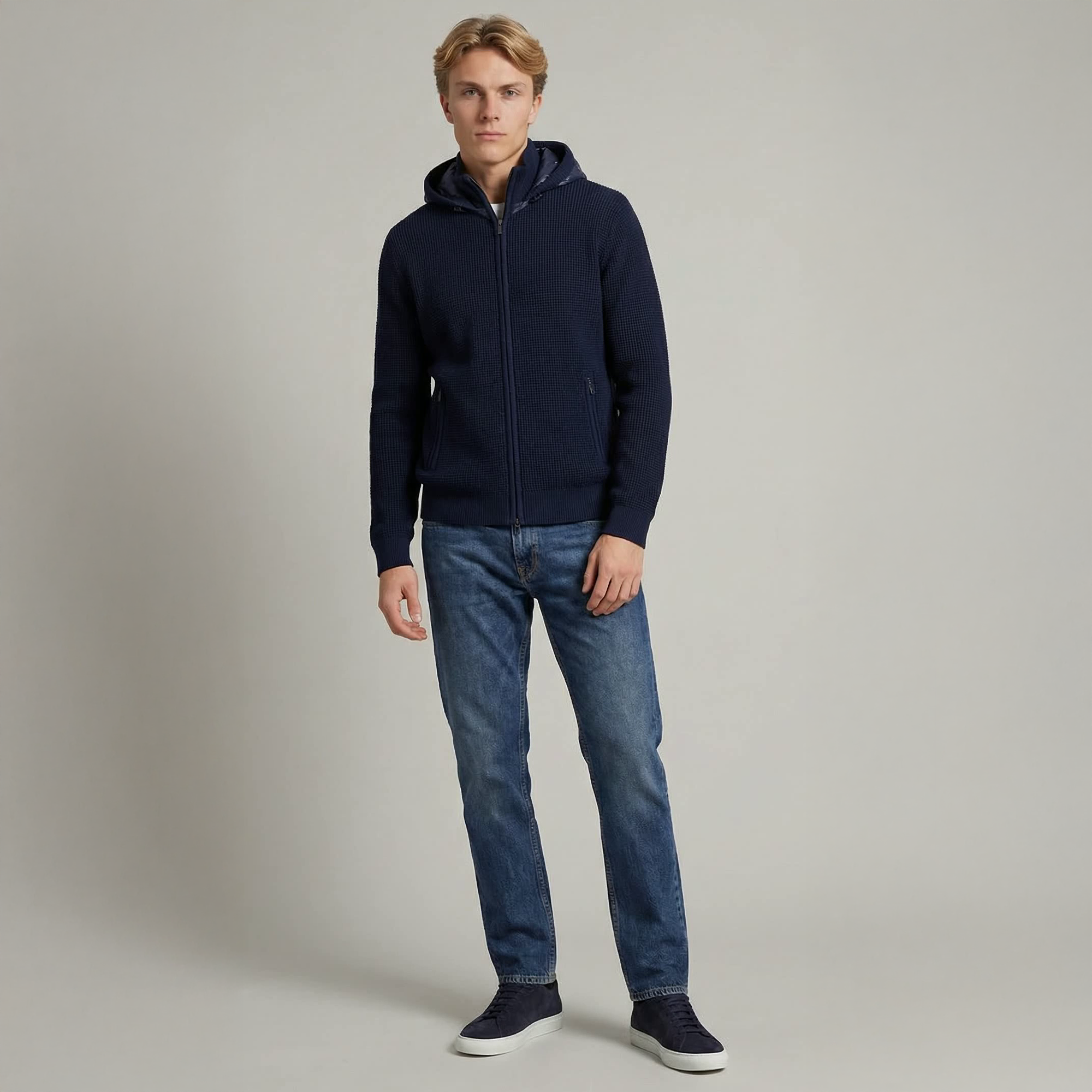 Waffle Knitted Cardigan - Padded hood