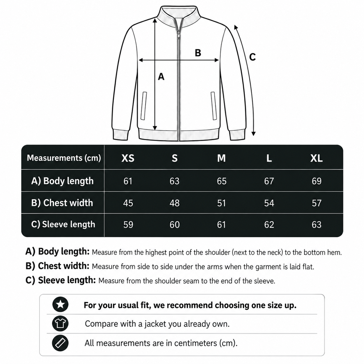 Storleksguide för Merino Cardigan Zip Jacket Navy