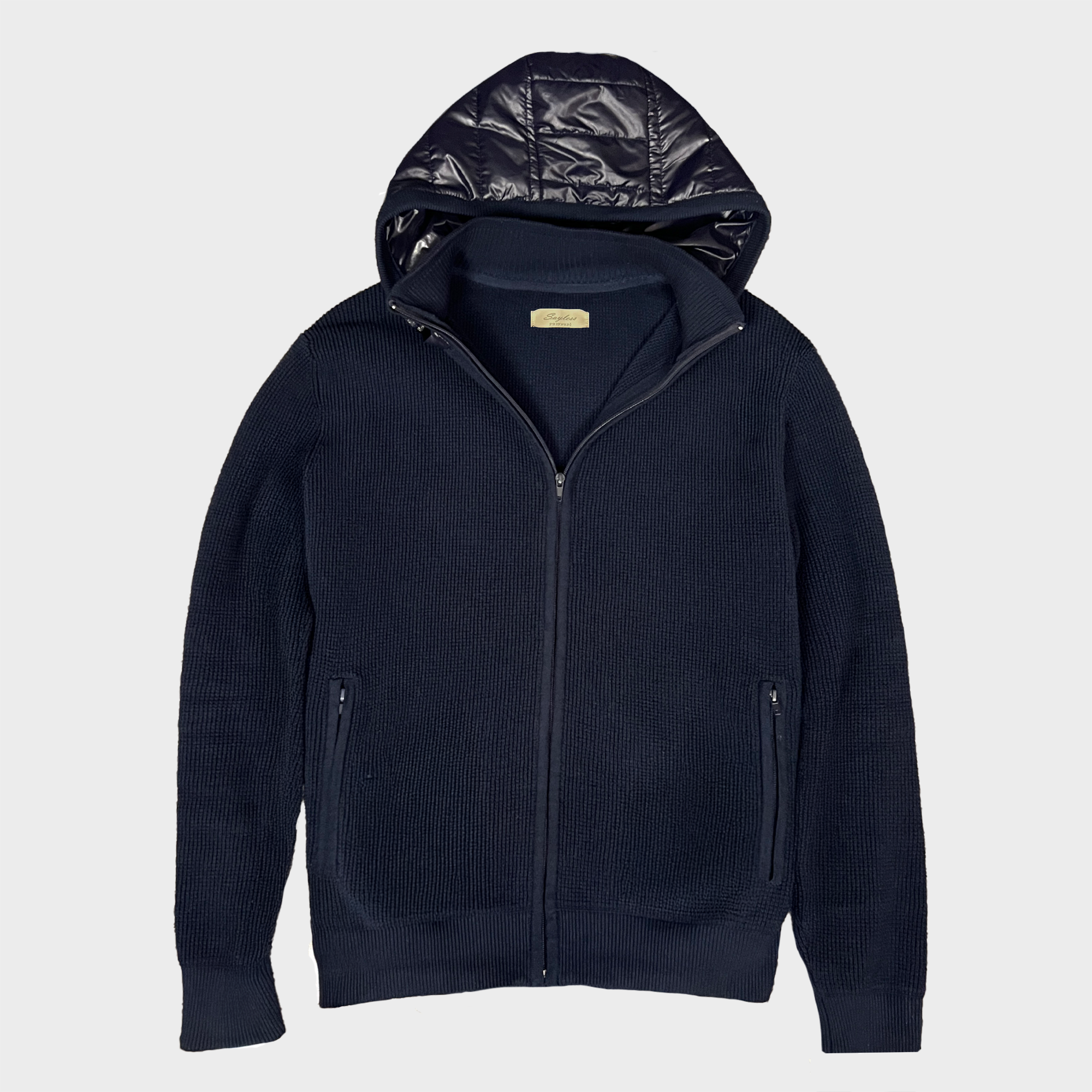 Waffle Knitted Cardigan Navy - Padded hood