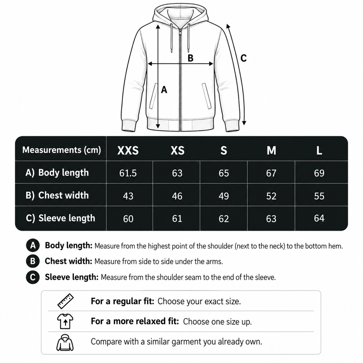 Storleksguide för Waffle Knitted Cardigan - Padded hood